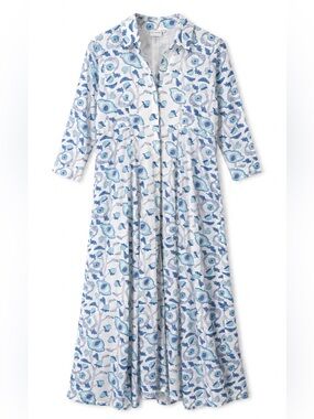 Julia Amory The Shirt‎ Dress Blue Botanical Print Small Collared Button Maxi